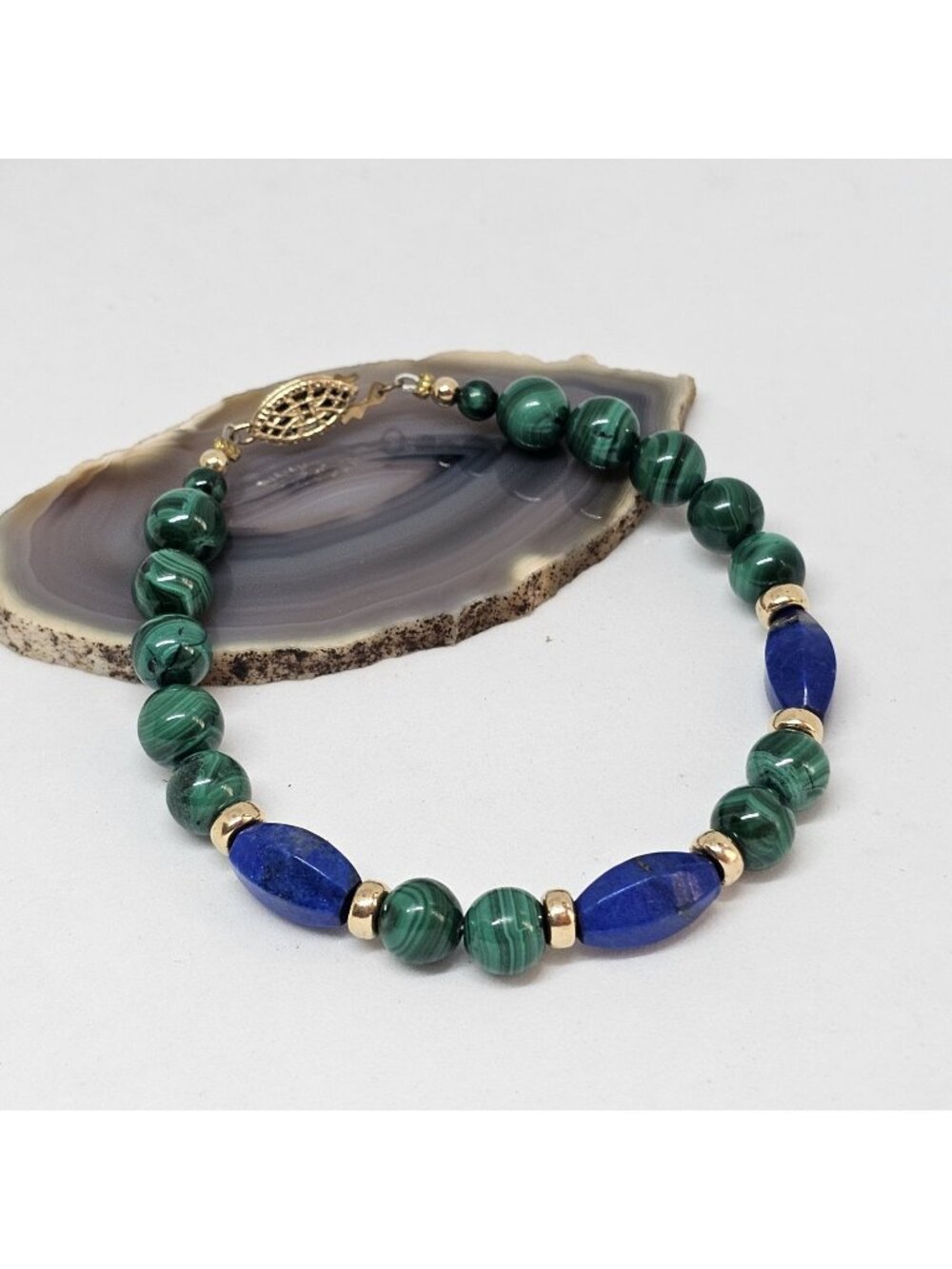 Vintage Lapis Lazuli & Malachite Stone Beaded Bracelet Costume Jewelry 1/20 14k